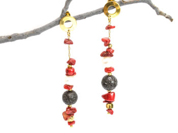 χειροποίητα σκουλαρίκια κοράλι λάβα μαργαριτάρι